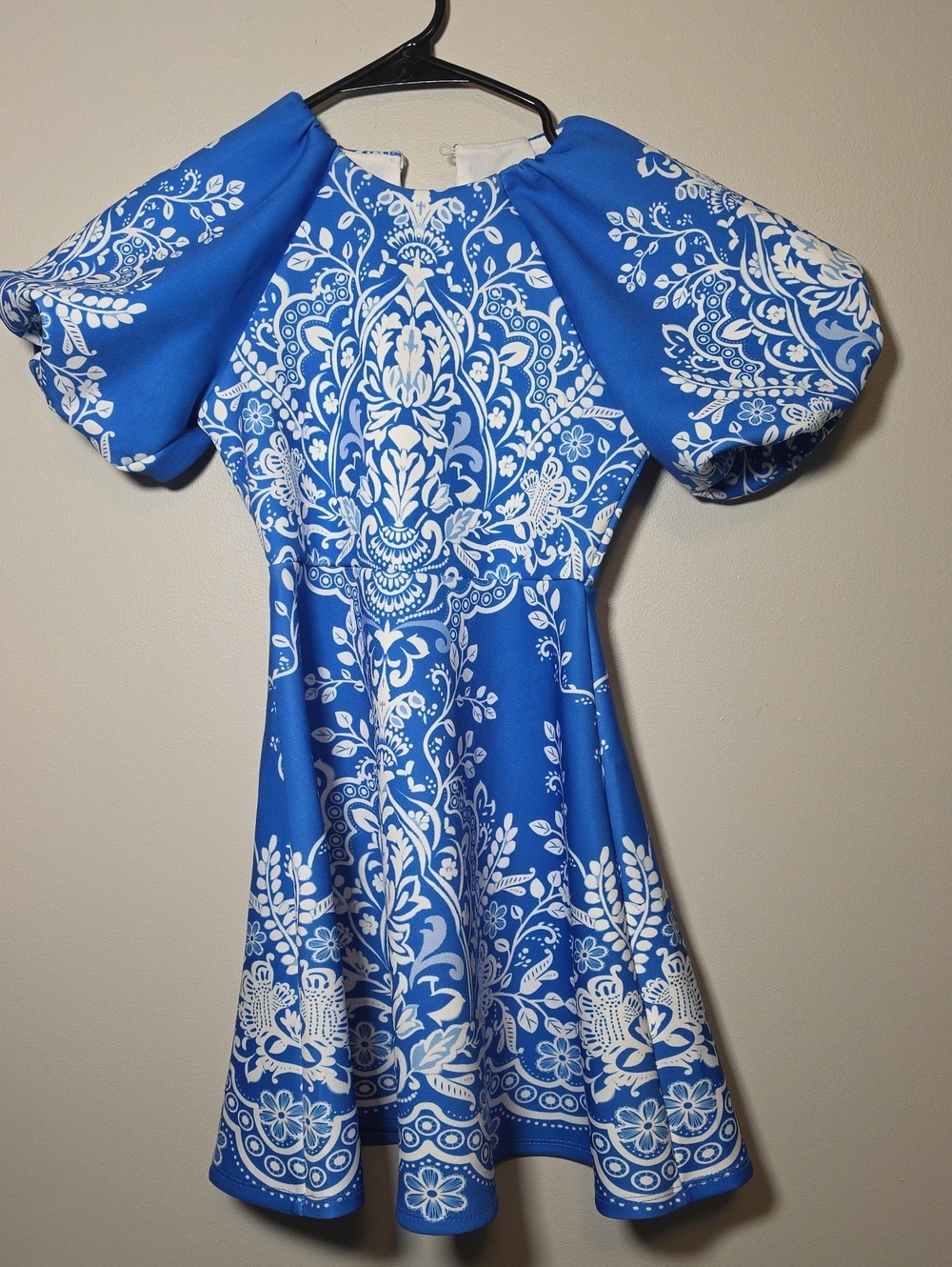 Lipsy Royal Blue and White Floral Puff-Sleeve Fit & Flare Dress